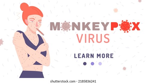 Monkeypox virus background with an unhealthy woman. Stop disease transmission. Creative banner, medical landscape design. Health care, medicine web concept. Vector illustration in a modern flat style