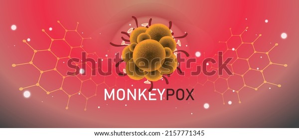 Monkeypox virus banner for awareness and\
alert against disease spread, symptoms or precautions. Monkey Pox\
virus outbreak pandemic design with  microscopic view background.\
Vector Illustration.