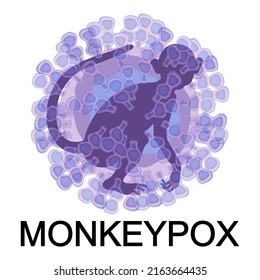 Monkeypox virus cell with monkey silhouette and text on white background. Virus disease concept. Microbiological background. Vector illustration.