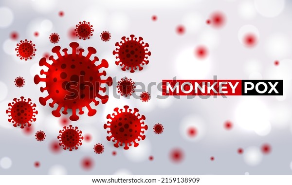Monkeypox virus cells outbreak medical\
banner. Monkeypox virus cells on white sciense background. Monkey\
pox microbiological vector\
background.