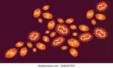 Monkeypox virus cells. Monkeypox virus outbreak pandemic design with microscopic view background. Virus epidemic outbreak. Health care in USA, Europe and Asia. Vector EPS10 Illustration.