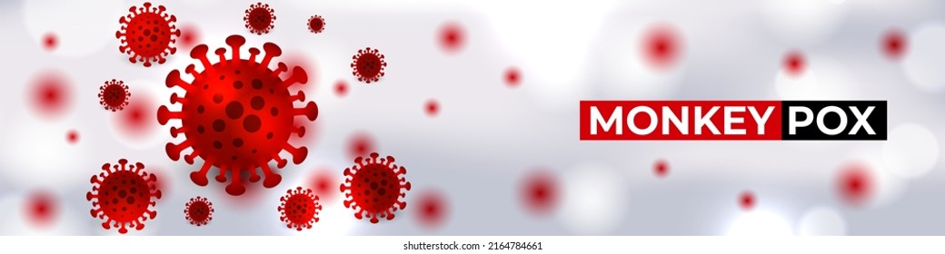 Monkeypox virus cells outbreak wide medical banner. Monkeypox virus cells on white sciense background. Monkey pox microbiological wide vector background.