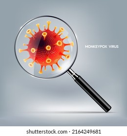 Monkeypox virus disease with magnifying glass. Monkey Pox virus outbreak search and screening concept, vector illustration