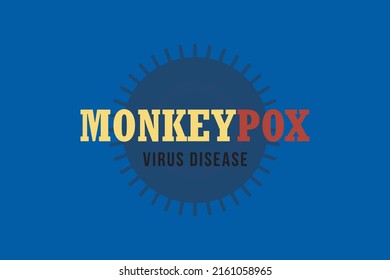 Tipografía de la enfermedad del virus de la monopox en el diseño de fondo de los símbolos de virus.  Vector conceptual azul con texto amarillo y rojo. 