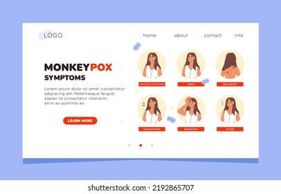 Monkeypox virus epidemic symptoms landing page. Website template of virus symptoms. Womanan suffering from the monkeypox virus. Fever, headache, rash.