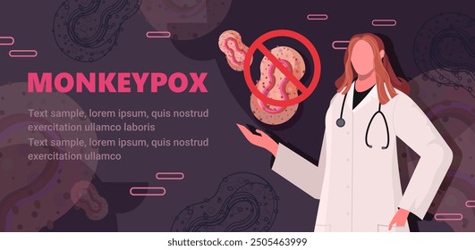 Monkeypox virus. Female doctor in white medical uniform presenting a Monkeypox virus. New cases of Monkeypox virus are reported in Europe and USA. Virus epidemic outbreak. Not AI generated