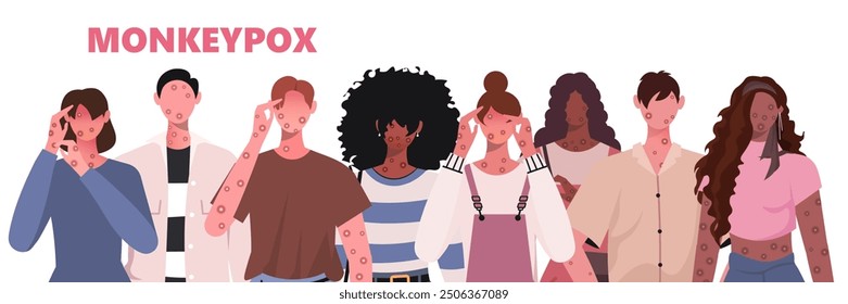 Monkeypox virus. A group of modern people in casual clothes with with rash skin. Fever, headache, swollen lymph node, rashes on face, body and back, muscle aches. Handmade vector not AI