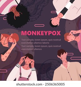 Monkeypox virus. A group of people stand together in a circle with rash skin to show their support for people with Monkeypox and to raise awareness. Concept of health care. Not AI generated