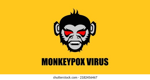 Monkeypox virus horizontal banner for awareness and alert against disease spread, symptoms or precautions. Monkey Pox concept illustration with angry monkey face silhouette on orange background
