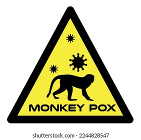 Monkeypox virus illustration, warning sign with monkey silhouette and viruses against the yellow background
