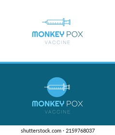 Monkeypox virus logo template, rashes therapy logotype, smallpox syringe needle vector icon design, new pandemic, blue vaccination branding, isolated on background.