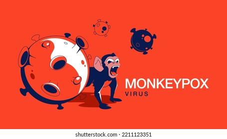 Monkeypox virus medical banner. Evil dangerous monkey with virus cells on red background. Epidemic from animals to humans. Medical and health concept. Vector EPS10