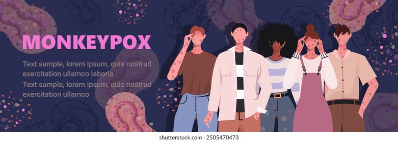 Monkeypox virus medical banner. Group of men and women with rashes on face, body and back one of Monkeypox symptom. Design for awareness and alert against disease spread. Handmade vector not AI