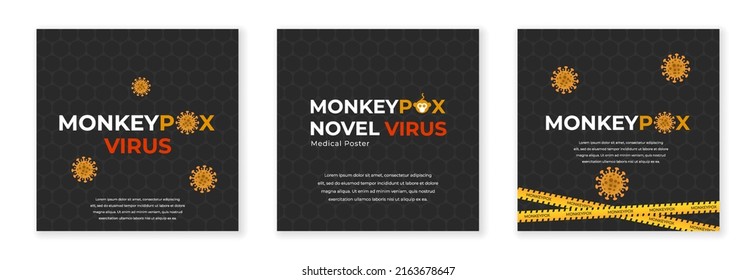 Monkeypox virus medical banner set. awareness and alert against disease spread. Monkey Pox virus outbreak pandemic design. Vector illustration on black background