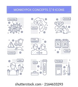 Concepto de medicina del virus de la monovena. Un conjunto de íconos sobre la varicela. Ilustración de la línea del vector aislada en un fondo blanco.