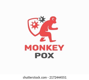 Monkeypox Virus Outbreak Pandemic Logo Design. Monkey With Shield-shaped Tail And Bacteria And Viruses Vector Design. Monkey Smallpox, MPXV Virus Logotype