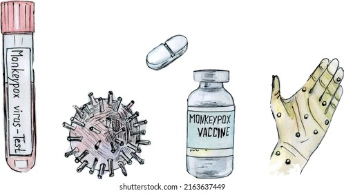 Se prepararon ilustraciones de vacunación de pandemia de brotes de virus de la monopox. Virus de la viruela de mono 2022, vial de vacuna, tubos de ensayo, palmas con úlceras de viruela, píldoras médicas. Ilustración dibujada a mano en estilo de esbozo.
