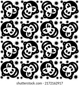 Monkeypox virus seamless pattern. Angry gorilla face repeating vector background. Health monkey pox medical emergency. Viral dangerous smallpox infection. Medical symptoms, orthopox awareness