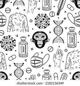 Monkeypox Virus Seamless Vector Pattern. Zoonotic Infection Symbol - Pathogen, Monkey, Vaccine, Mask, DNA, Skin With Rash, Pills. Viral Disease, Black And White Outline. Background For Web, Print 