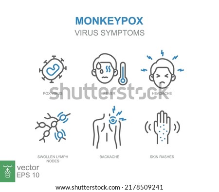 Monkeypox virus symptoms icon. Pox virus, fever, headache, swollen lymph nodes, backache, skin rashes. Simple outline style symbol. Thin line vector illustration isolated on white background. EPS 10.