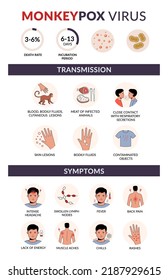 Monkeypox virus transmission and symptoms flat vector infographic. 
Fever, headache, backpain, rash. Outbreak infections