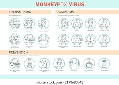 Monkeypox virus transmission, symptoms and prevention infographics with icons. Vector flat illustration for medical concept. Design for banner, poster, flyer.