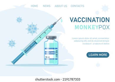 Monkeypox virus vaccination with vaccine bottle and syringe injection tool for immunization treatment. Monkeypox vaccine background.  Vector flat illustration. Design for landing page, web