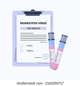 Monkeypox virus vector illustration purple clipboard with results of test. Blood sample tube for Monkeypox virus test. Monkeypox virus zoonotic viral disease 
