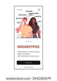  Monkeypox virus. Woman and man with rashes on face, body and back, one of Monkeypox symptom. Fever, headache, swollen lymph node, muscle aches. Flat vector illustration. Not AI generated