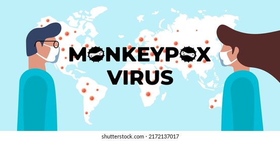 Monkeypox virus world alert attack and doctors banner concept. Monkey pox infection disease outbreak on Earth with medical staff doctor and nurse. MPV MPVX danger and public health epidemic risk. Eps