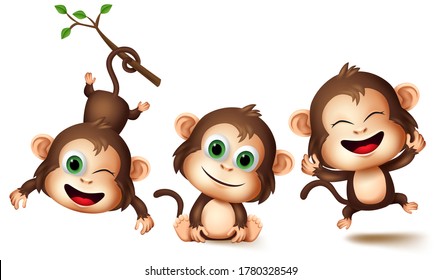 Monkeys animal characters vector set. Monkey kids animals little character in happy smiling facial expression with different pose and gestures for design elements. Vector illustration.