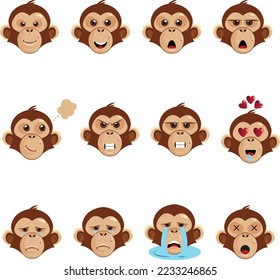 Monkeys animal characters vector set in happy smiling facial expression with different pose for design elements. Vector illustration. Set collection of different monkey face emoji expressions. bundles