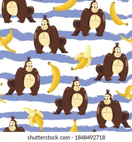 Monkeys with banana, cute, funny vector seamless pattern isolated on white background. Concept for print, cards, wallpaper, wrapping paper