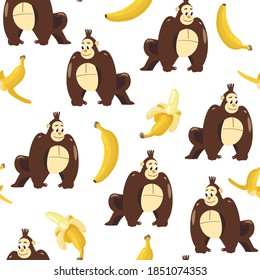 Monkeys with banana, cute, funny vector seamless pattern isolated on white background. Concept for print, cards, wallpaper, wrapping paper