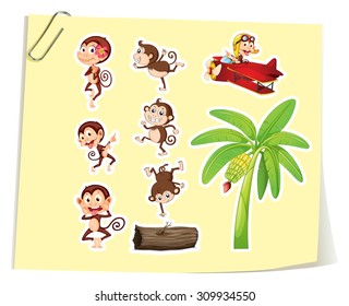 Ilustración de monos y árboles bananeros