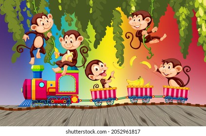 Monkeys cartoon character on rainbow gradient background illustration
