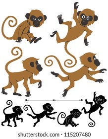 Monkeys: Cartoon monkey in 4 different poses. Below are silhouette versions of the same poses. No transparency and gradients used.