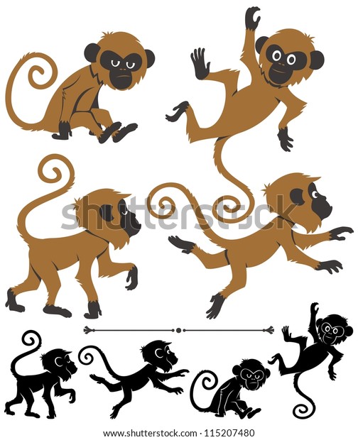 Monkeys: Cartoon monkey in 4 different poses. Below\
are silhouette versions of the same poses. No transparency and\
gradients used.