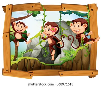 Monkeys and cave in the wooden frame illustration