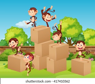 Monkeys climbing up the boxes illustration