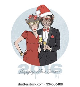 monkeys couple dressed up in party style with champagne, Merry Christmas and Happy New Year design