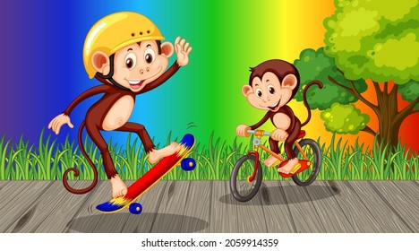 Monkeys doing different activities on rainbow gradient background illustration