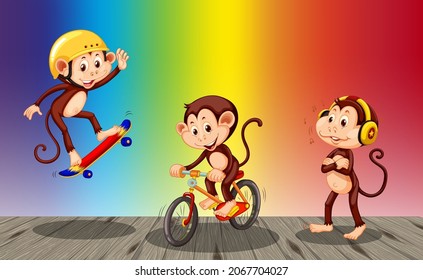 Monkeys doing different activities on rainbow gradient background illustration