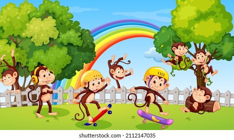 Monkeys doing different activities in park scene illustration