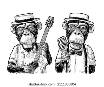 Monkeys dressed hat, shirt, bow tie holding microphone and guitar. Vintage black engraving illustration. Isolated on white background. Hand drawn design element for poster