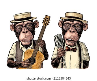 Monkeys dressed hat, shirt, bow tie holding microphone and guitar. Vintage color engraving illustration. Isolated on white background. Hand drawn design element for t-shirt