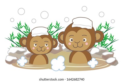 Monkeys enjoying themselves in hot springs in the snow.