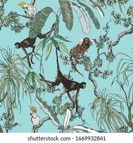 Monkeys and Exotic Parrot Birds in Chinoiserie Jungle Forest, Oriental Wallpaper Design, Tropical Palm Plants, Dragon Tree and Wildlife on Blue Background