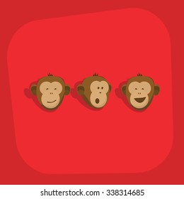 Monkeys faces emotions vector flat card design. Ape flat style animal icon set isolated on red background. Monkey smile, wonder emoticons logo template with head of monkeys. Zoo pets cartoon concept