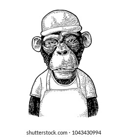 Monkeys Fast Food Worker Serving Fast Food Dressed In Cap And T-shirt. Vintage Black Engraving Illustration For Poster. Isolated On White Background. Hand Drawn Design Element